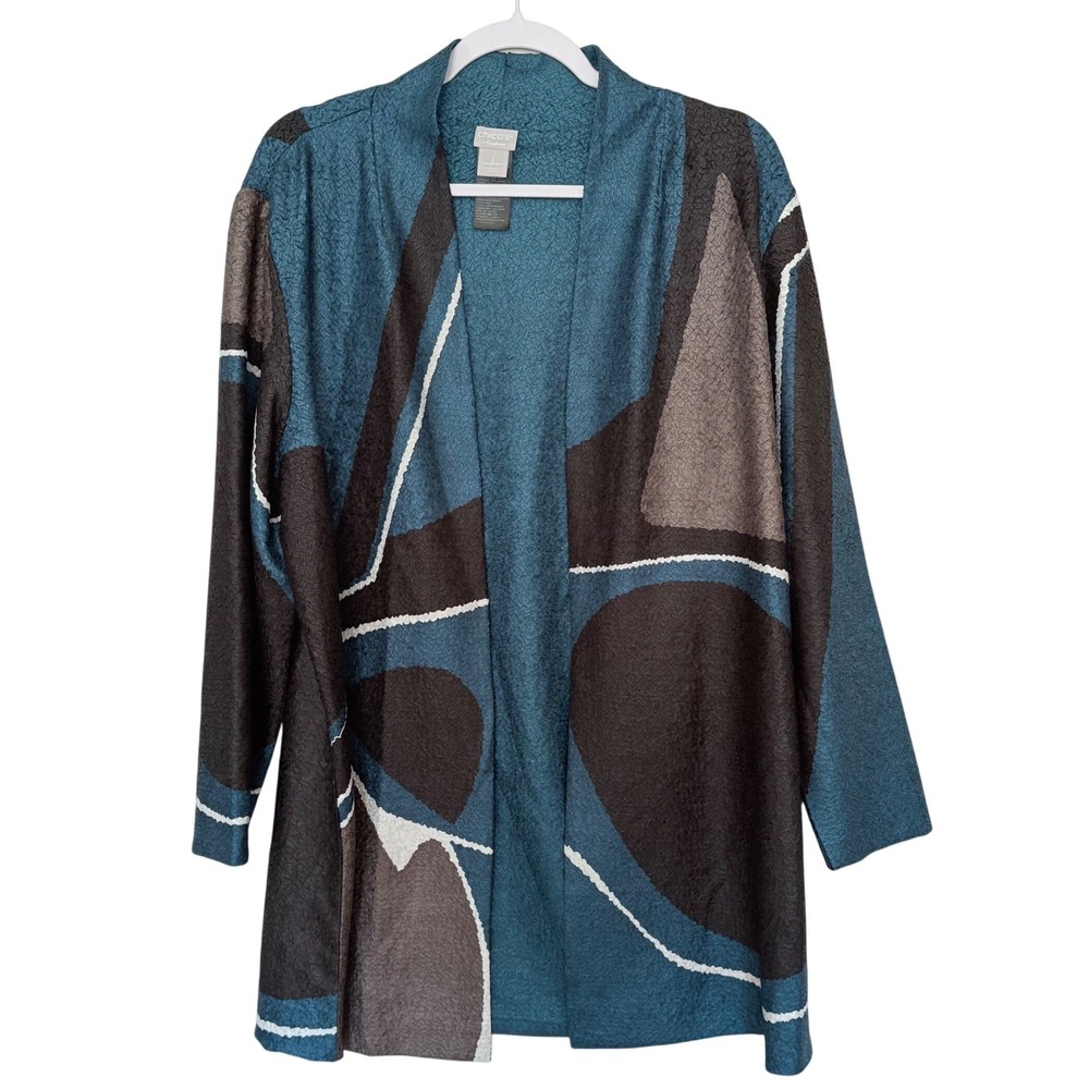 Chicos Traveler Kimono Cardigan Jacket 2 Large 12/14 Teal Colorblock Art To Wear